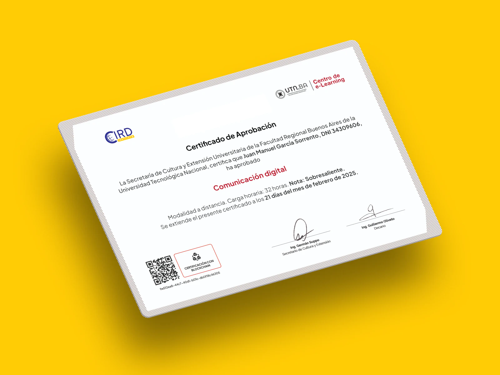 Ejemplo de Certificado de Aprobación Instituto CIRD y UTN BA con validación Blockchain