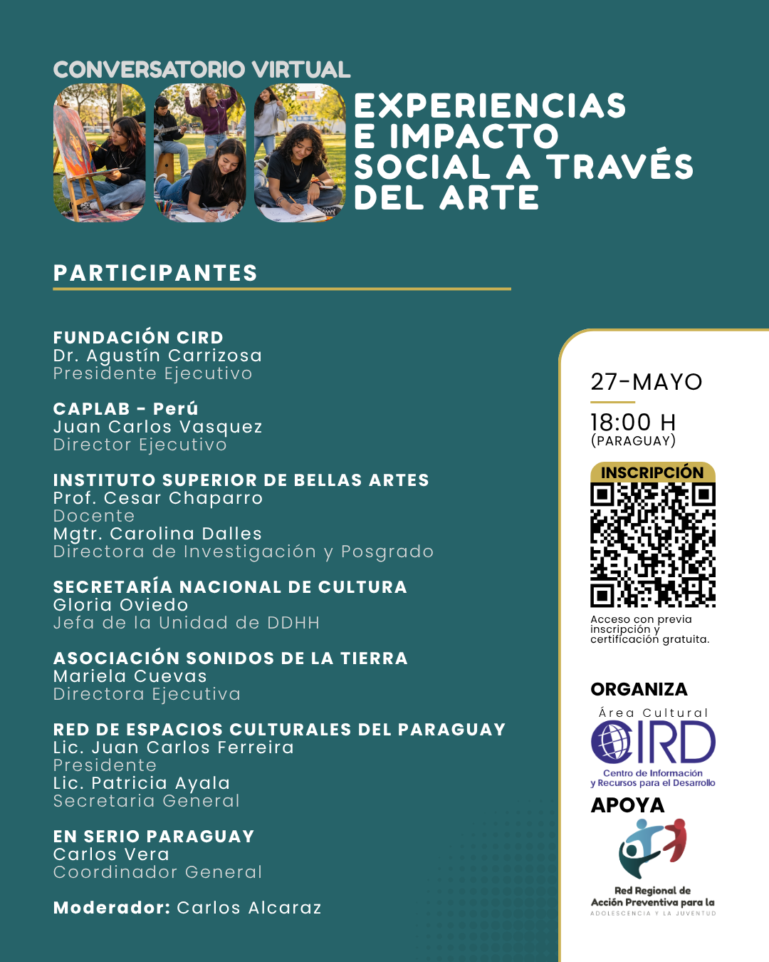 Flyer del Conversatorio Virtual: Experiencias e Impacto Social a través del Arte