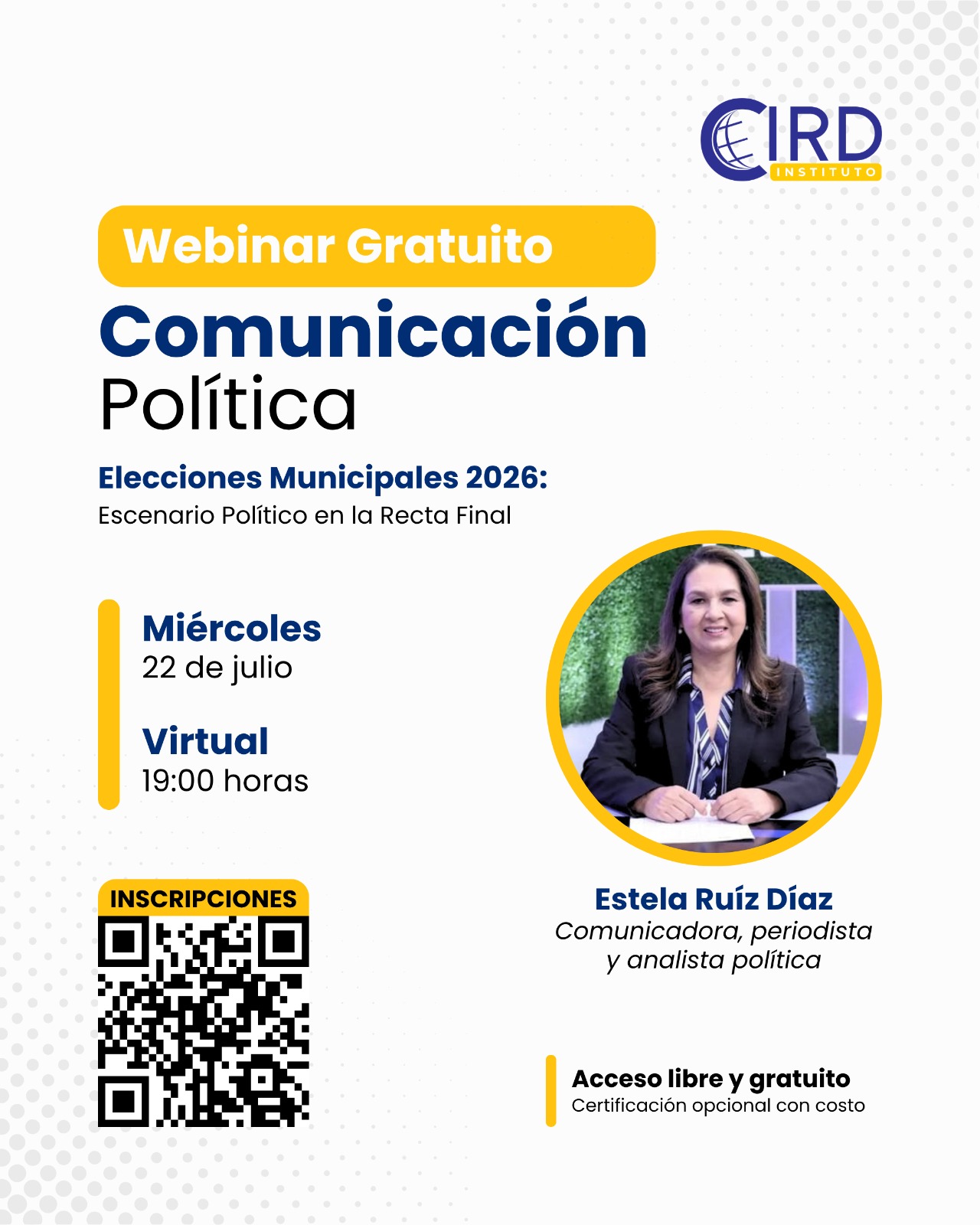 Flyer del webinar gratuito Comunicación Política — Elecciones Municipales 2026, con Estela Ruíz Díaz